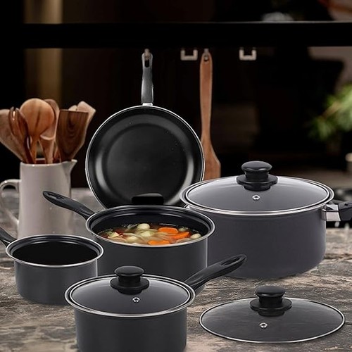 8pc Cookware Set with Glass Lids Bakelite Handle Carbon Steel Non Stick Cooking - Afbeelding 2 van 5