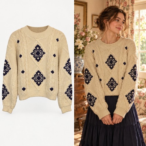 Laura Ashley, Maglione Vintage Laura Ashley Donna S/M Crema Navy Maglia Cavo Pullover Diamante