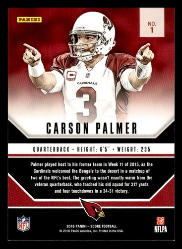 2016 Score #1 Carson Palmer Signal Callers Gold CARDINALS - Picture 2 of 2