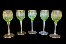 RARE Antique Set of 5 Czech Bohemian Uranium Glass Stemmed Goblets; Hand Etched