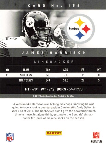 James Harrison 2012 Panini Prestige #156 Pittsburgh Steelers Football - Picture 2 of 2