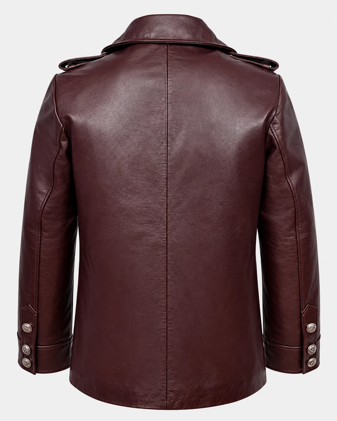 Mens Maroon Real Leather Pea Coat Double Breasted Naval Military Jacket Oxblood image 3