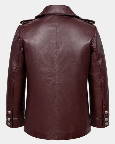 Mens Maroon Real Leather Pea Coat Double Breasted Naval Military Jacket Oxblood image 3