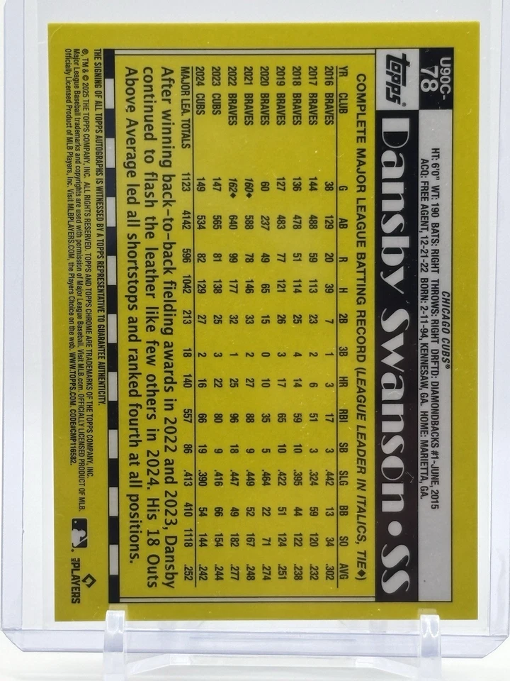 Actualización Topps 2025 Dansby Swanson cromo 1990 paquete 35 plata MOJO dorado automático/50 Foto 2 de 2