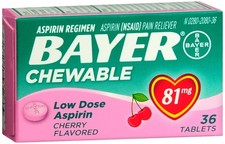 Bayer Chewable 'Baby' Aspirin 81mg Low Dose CHERRY 36 Tablets  ( 6 pack )