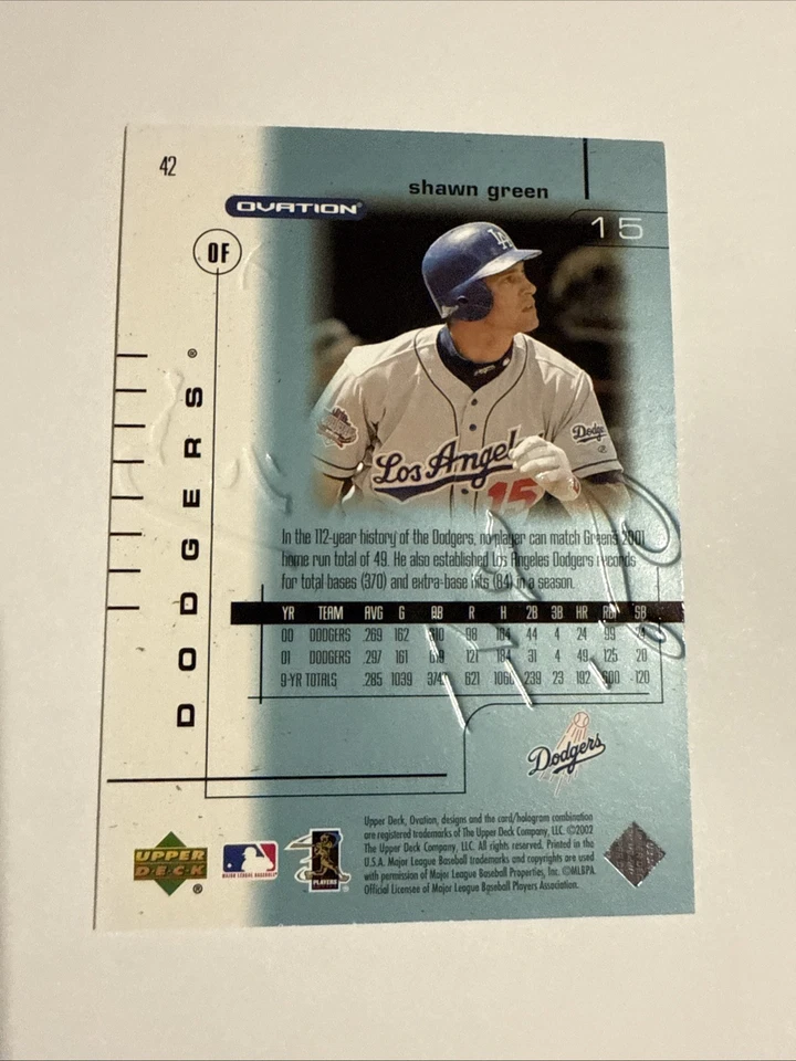2002 Upper Deck Ovation Shawn Green #42 Los Angeles Dodgers MLB Baseball Base - Image 2 of 2