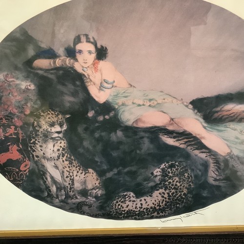 Signed Icart Print Thais Raised Seal Woman w Leopards Cheetahs Art Deco Framed - Picture 6 of 11