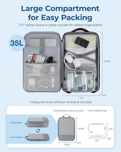 Water-Resistant Rolling Travel Backpack with 2 Packing Cubes for 17" Laptop - Picture 6 of 8