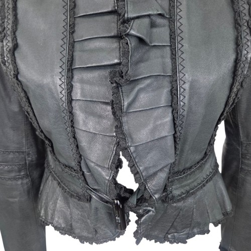 Vintage Y2K Black Leather Jacket Womens Small Ruffle  Goth Whimsigoth Coquette - Picture 3 of 12
