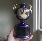 1890s ANTIQUE GERMAN PORCELAIN HAND PAINTED PRETTY WOMAN PORTRAIT PEDESTAL VASE