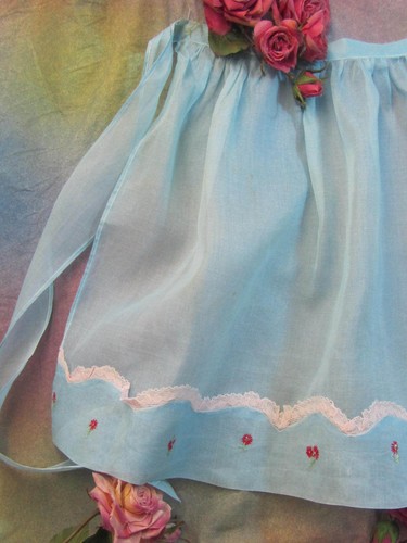 Antique Apron blue Linen voile fabric Cotton lace Embroidery Sewing Crafts Dolls - Picture 9 of 11