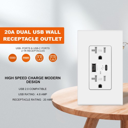 Toma de pared USB tipo C 4,8A receptáculo dúplex doble de alta velocidad 20 amperios, inteligente rápido - Imagen 2 de 9