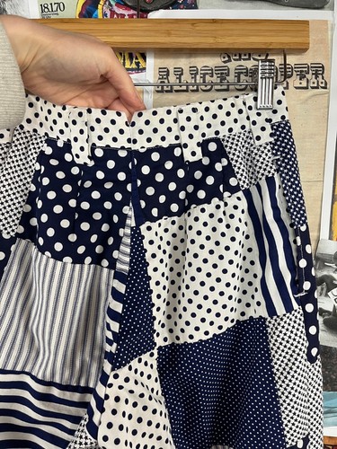 Vtg 60s-70s Blue White Patchwork Print Stars Polka Stripe Lady Albert Pants XS - Picture 8 of 11