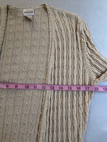 Chicos Cardigan Open Front Cable Knit Tan Color 3/4 Sleeve  Rayon Blend Boho - Picture 7 of 8