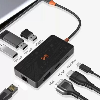 Design USB C Hub mit Gigabit Ethernet, 3x USB 3.0, 4K HDMI, VGA, PD 100W