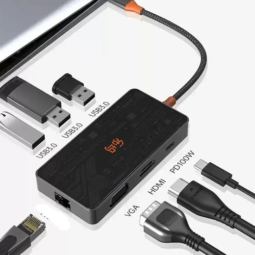 Design USB C Hub mit Gigabit Ethernet, 3x USB 3.0, 4K HDMI, VGA, PD 100W