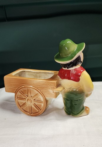 SHAWNEE POTTERY Vintage Planter Gypsy Street Peddler Pulling Green Cart Pottery - Picture 5 of 9