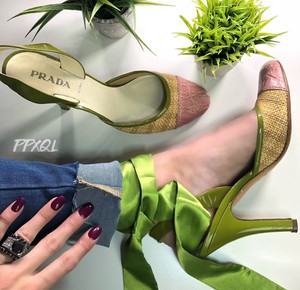 Prada-Milano-Authentic-Patent-Raffia-Sling-Back-Pumps-Pink-Green-39-5-US-8-8-5