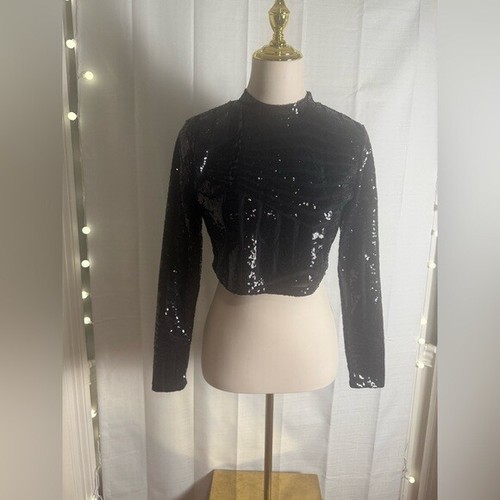 Black Sequin Long Sleeve Crop Top