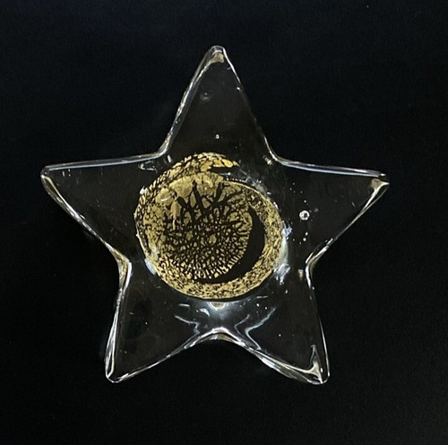 Clear Art Glass 4" STAR SHAPE Paperweight Hand Blown Gold Fleck Swirl Bubbles - Picture 6 of 10