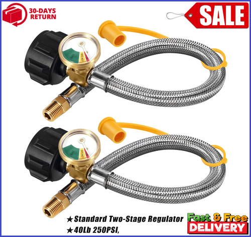 15" RV Propane Hose Connector with Gauge for Standard Two Stage Regulator, 2 Pcs - Picture 1 of 7