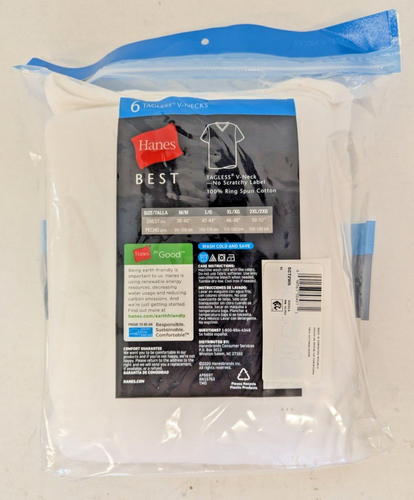 Nuova confezione Hanes Value Pack 6 magliette scollo a V senza etichette taglia XL bianche - Foto 2 di 3