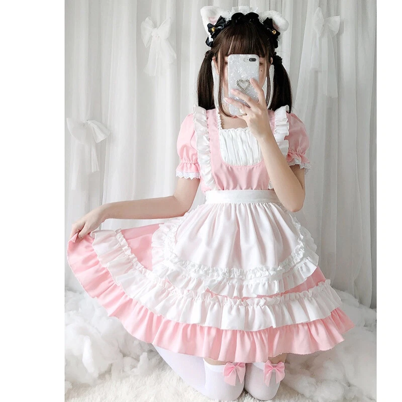 Vestido feminino sexy vintage doce menina rosa Lolita Kawaii bonito uniforme de empregada doméstica roupa - Imagem 3 de 4
