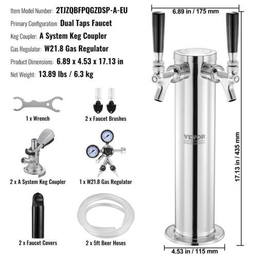 VEVOR Doppelhahn-Kegerator-Turm-Kit Kegerator-Bierturm & A-System-Fasskupplung - Bild 7 von 12