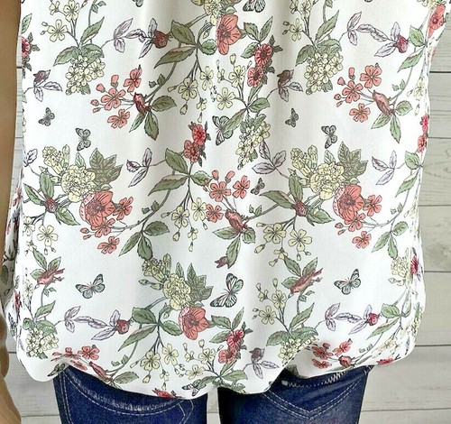 Max Studio Sleeveless Blouse Large Sheer White Floral Butterfly Bird Print Top - Picture 11 of 12