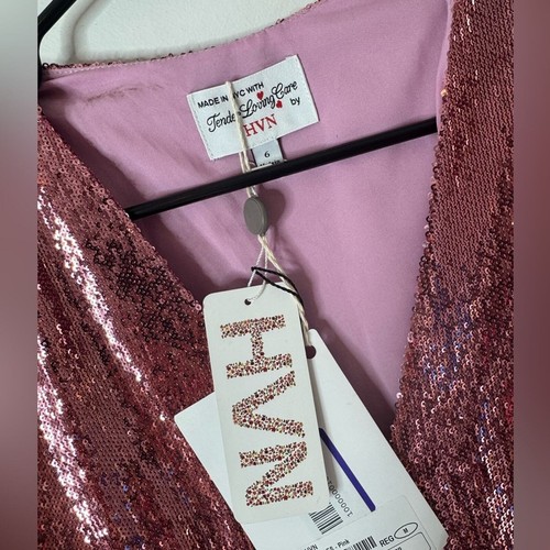 NWT HVN Paula Deep V-Neck Pink Sequin Dress Short Sleeve Babydoll 6 - Picture 5 of 6