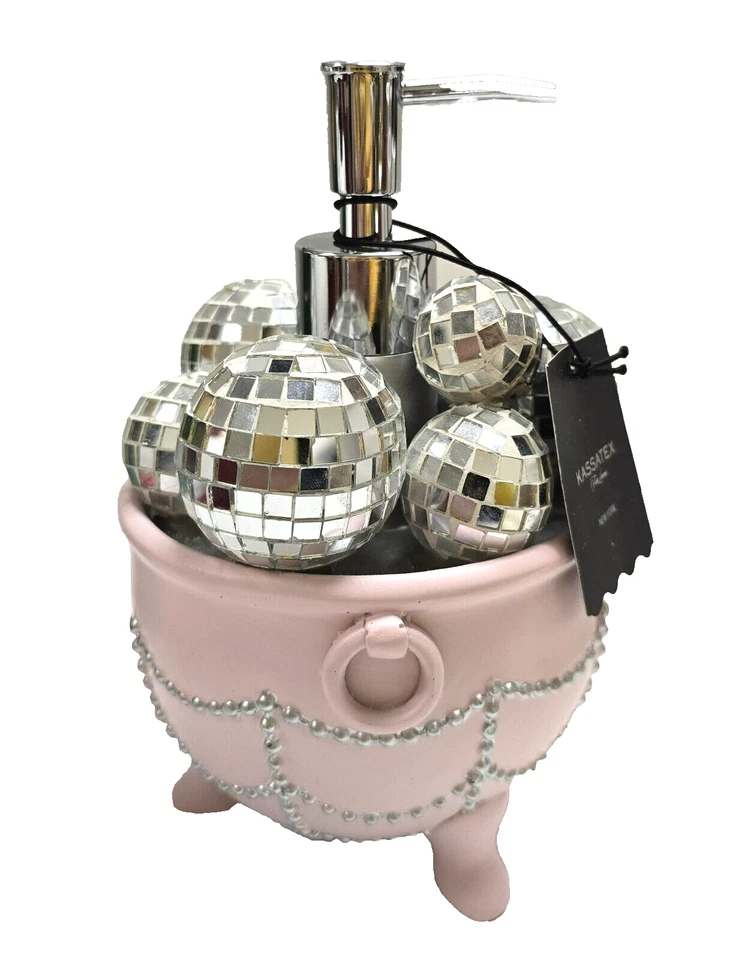 NUEVO DISPENSADOR DE JABÓN KASSATEX ROSA, RESINA PLATEADA, MOSAICO MIIROR, TAZÓN ARAÑA Foto 2 de 4
