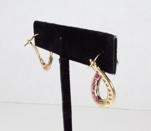 Pre-Owned Andin International 14K Gold 0.80 ctw Red Ruby & Diamond Hoop Earrings - Picture 6 of 16
