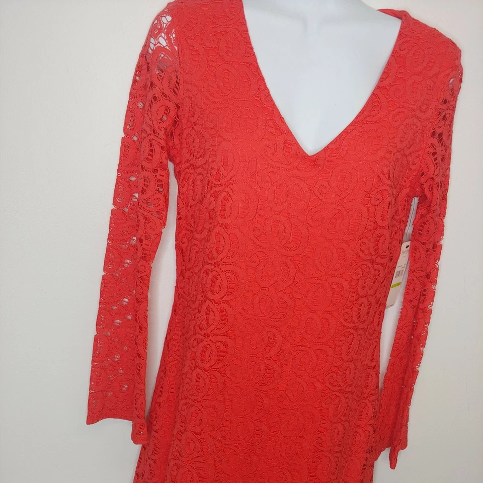 NWT Laundry By Shelli Segal Dress Women 4 All Over Lace Orange L/S Vneck Mini - Image 4 of 4