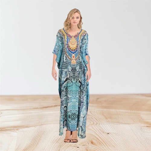 Satin Silk crystal embellished kaftans with digital prints in 8 colours & prints - Picture 2 of 5
