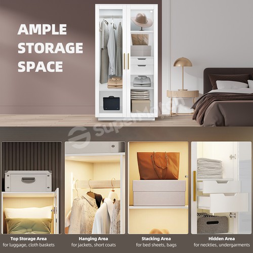 Wardrobe Cabinet LED Glass Door Closet Clothes Organiser Storage Shelves Drawer - Picture 6 of 11