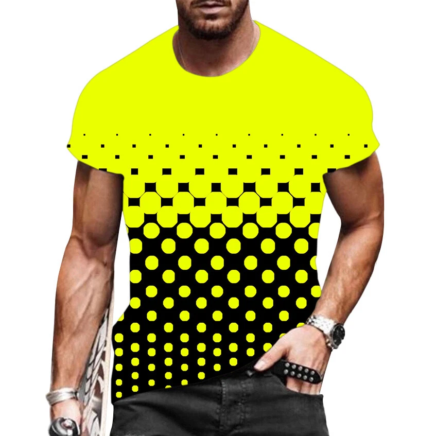 Camiseta Hombre Negro Amarillo Gradiente Lunares Manga Corta Moda Casual Camisa