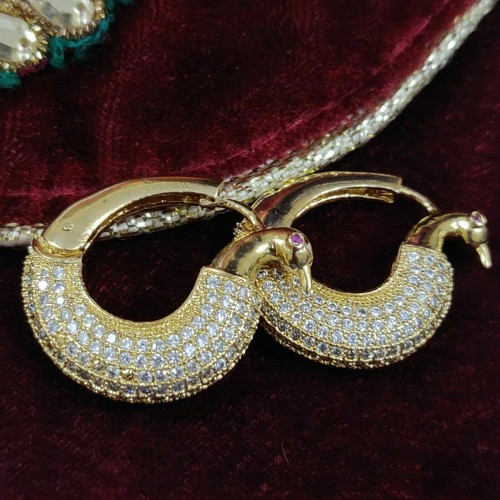 Indian Gold plated CZ AD Peacock Wedding Women bridal Hook Bali Dangler earrings - Foto 6 di 6