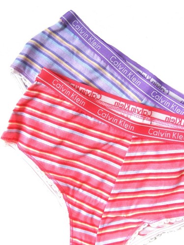 A414 Calvin Klein NEW Girl's Coral Lilac Striped Pure Cotton Knit Hipster 2-Pack - Picture 2 of 8