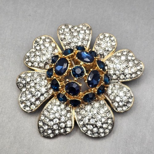 VTG Gold-Tone Floral Brooch w/ Prong Set Blue Crystals & Pave Clear Rhinestones