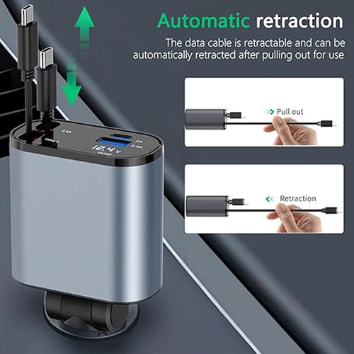 Retractable Car Charger 4 in 1 Fast Car Phone Charger 100W with USB Type C Cable - Picture 4 of 13