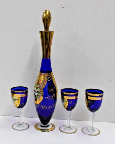 Japanese Arnart Creations Cobalt Blue Glass Cordial Wine Decanter Set Gold - Picture 4 of 4