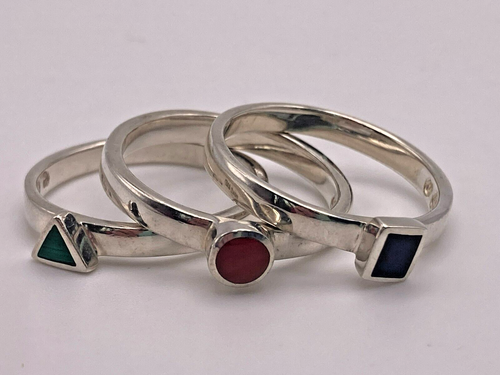 Sterling Silver Set of Three 3 Stacking Rings with Semi-Precious Stones Size 8 - Picture 2 of 10