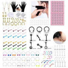 101PC Self Nose Piercing Gun 316L Steel Piercing Kit Navel Tongus Cartilage Stud