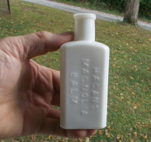 1870 HAGAN'S MAGNOLIA BALM EMB WITH LABEL MILKGLASS SKIN BEAUTY MEDICINE BOTTLE - Picture 2 of 9