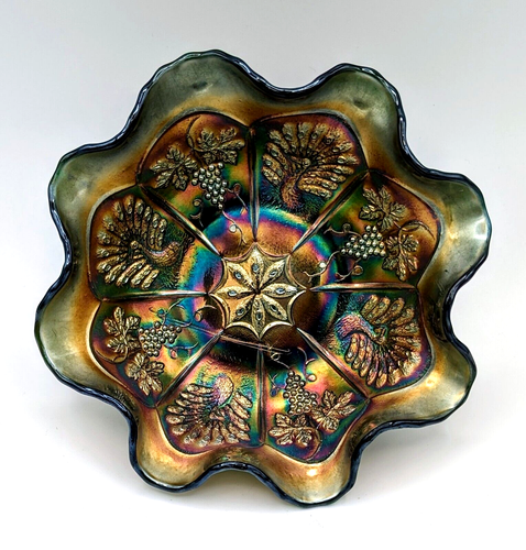 FENTON Peacock & Grape Spatula Footed Green Carnival Glass Bowl 8" c1920's