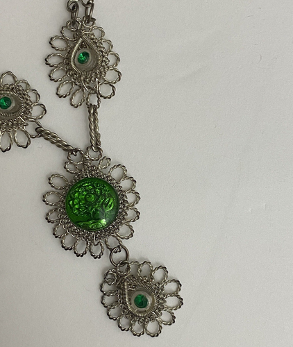 Antique Silesia Iron Wirework Necklace Green Czech Glass Selesian 12” Bohemian - Picture 7 of 12