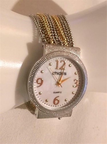 CHICOS Silver Gold Multi-Tone Bead Chain Band MOP Ladies Watch Wristwatch *RUNS* - Picture 2 of 5
