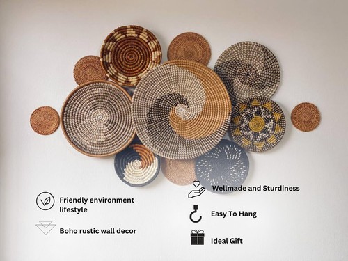 Asian Wicker Baskets Decor Set of 12 hanging Wall woven flat home living room - Picture 6 of 9