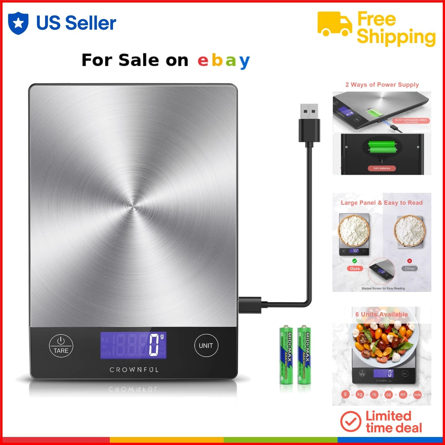 Digital Kitchen Scale Stainless Steel 33lb Capacity LCD Tare Type-C Charge