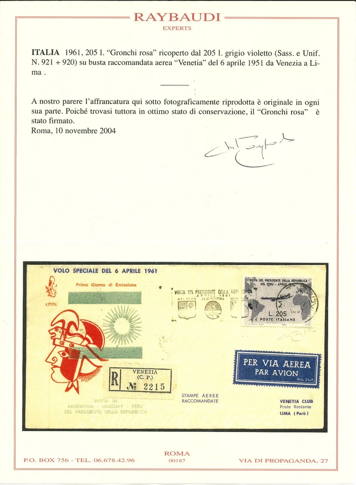 1961 Repubblica Gronchi Rosa 205 lire ricoperto su Busta Venetia cert. Raybaudi - Immagine 2 di 3